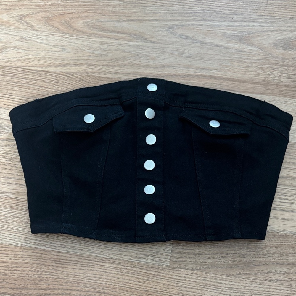 Black Denim Bustier Crop Top Button Front Strapless Corset Tank Top‎